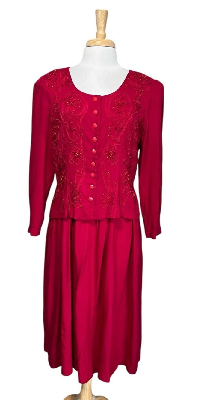 Vtg Plaza South Dress Women 14P Holiday Red Beaded Embroidered Midi Classic